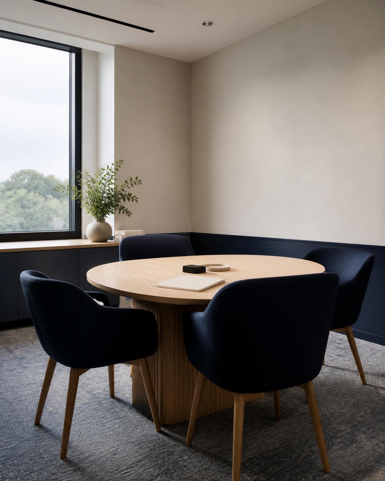 Quiet meeting room with an oak table and navy chairs